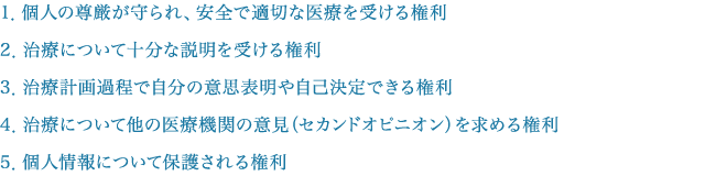 1．個人の尊厳が守られ、安全で適切な医療を受ける権利　2．治療について十分な説明を受ける権利　3．治療計画過程で自分の意思表明や自己決定できる権利　4．治療について他の医療機関の意見（セカンドオピニオン）を求める権利　5．個人情報について保護される権利